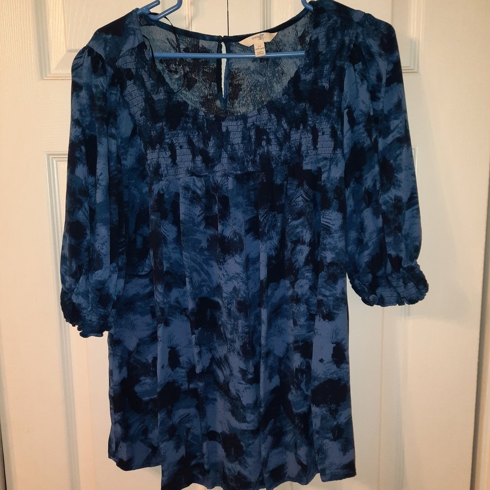 Terra & Sky Blue Patterned Peasant Blouse Women’s Size 2X (20W–22W)